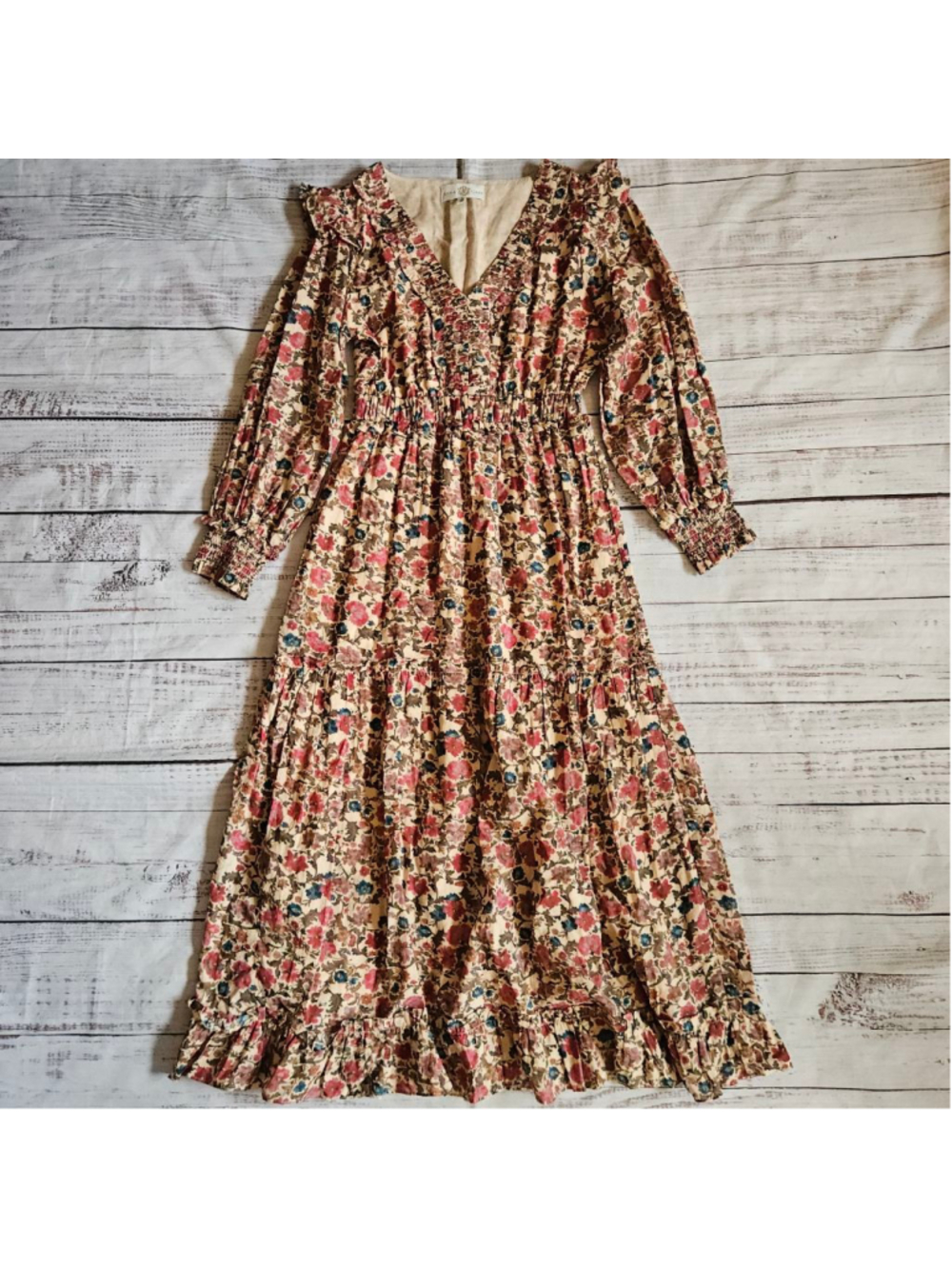 Anna Cate Floral V Neck Tiered Long Sleeve Maxi Dress Boho Peasant Womens Medium